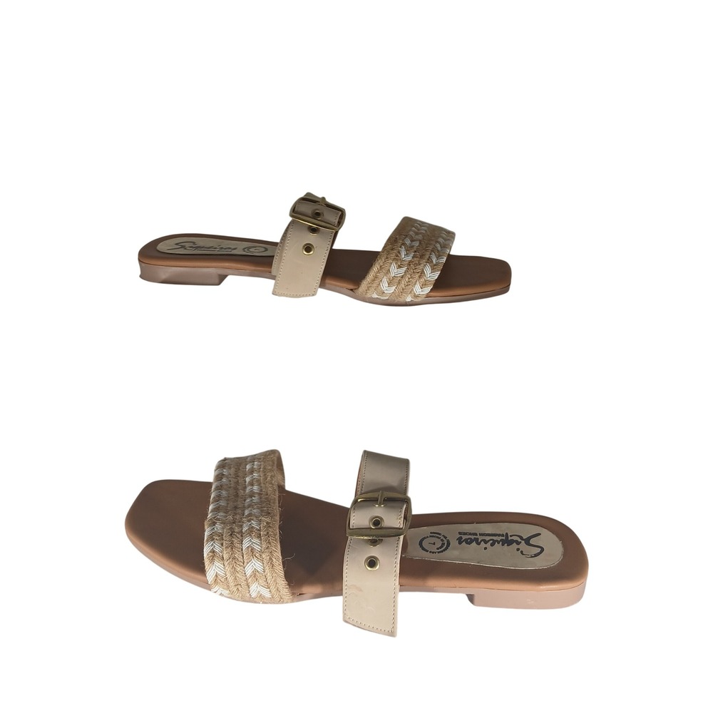 Siqueiros Slide Sandals 7 Tan Cream Woven Buckle Boho Coastal Bohemian Chic
